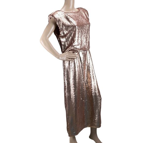 New Ryegrass Women's Rose Gold Sleeveless Padded Sequin Midi Dress Size M - Picture 6 of 8